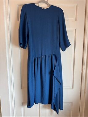 OMG! Chloe 100% Silk Crepe Ocean  Blue Midi Partial Wrap Dress Asymmetric Ruffle